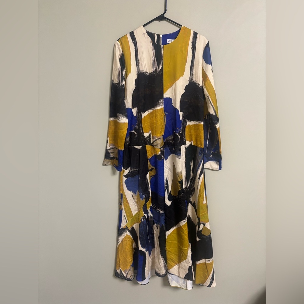 ZARA Abstract Print Midi Dress Size Large New Long Sleeve Geometric Blogger - Picture 2 of 9